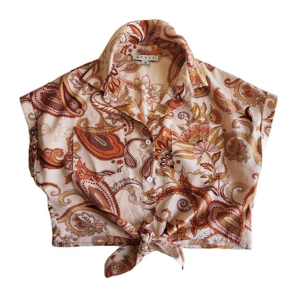 Hyfve Paisley Floral Fairycore Peasant Cropped Tie Shirt Sz M - Picture 1 of 9